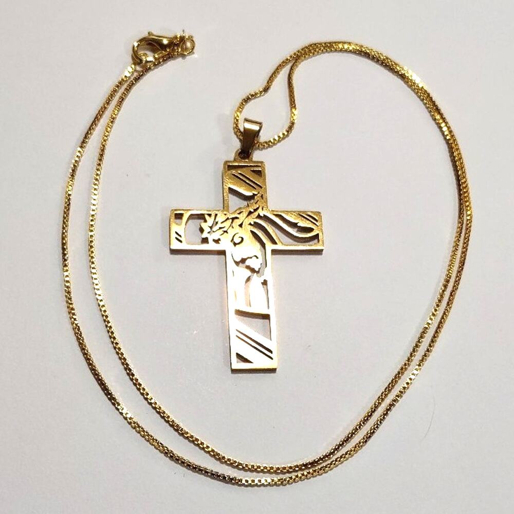 18k Gold Plated Cross Necklace Crown Thorns Cross Christian Valentines Gift NEW